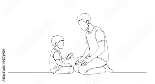 Minimalist continuous line art capturing a heartwarming father and son moment, showcasing their bond and communication during a shared activity on a white background
