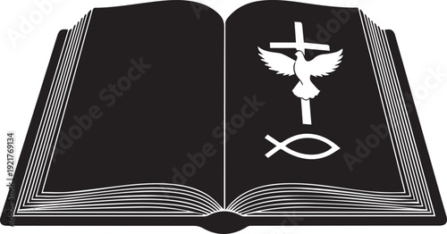 Open bible book with christian symbols dove cross and fish silhouette illustration vector design