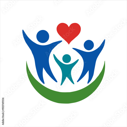 A stylized illustration of three human figures rejoicing under a heart symbol on a white background