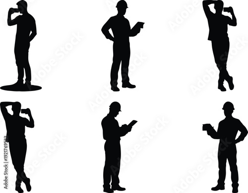 Silhouettes of people using various handheld devices and taking photos