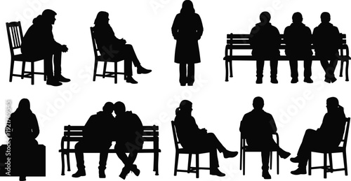 People sitting silhouette collection showing men and women on chairs and benches, social interaction and waiting poses isolated black vector illustration set