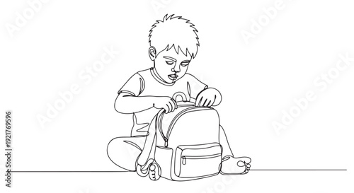 Illustration of a young boy sitting down and opening a backpack, created with a clean line art style