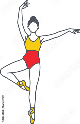 Ballerina stands en pointe in a classical ballet pose with both arms gracefully extended above and to the side.