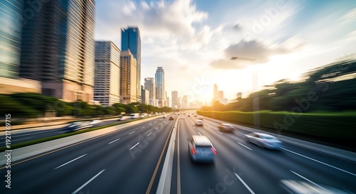 Blurred motion of cars driving on a multilane highway with cityscape and sunset in the background