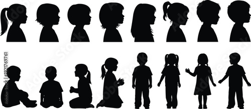 Children silhouette vector set showing boys and girls in different poses, profiles and activities, kids development, family and education concept