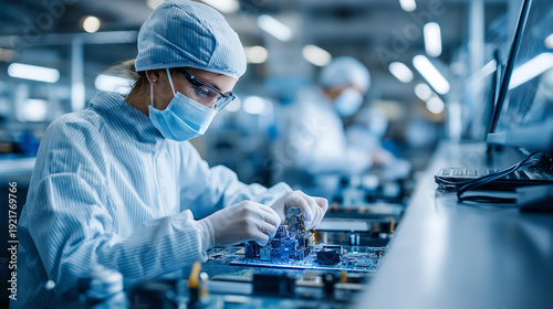 Modern electronics assembly facility with faceless engineers working in white coveralls, installing microchips on circuit boards under soft-blue sterile lighting, with copy space