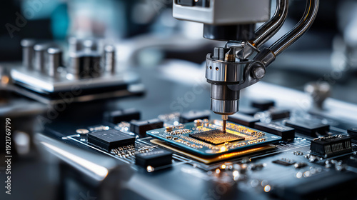 Closeup of mobile phone motherboard with microchip being installed by robotic precision arm in sterile factory environment, electronics assembly, with copy space