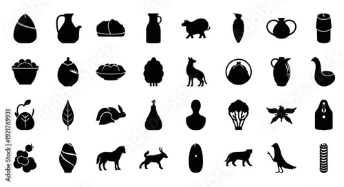 Collection of Silhouette Icons Representing Various Objects and Animals.