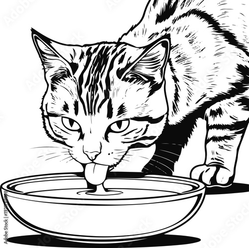  Extreme bold line art vector of a cat licking milk from a shallow dish, oversized outline stroke, clean white background, no gradients