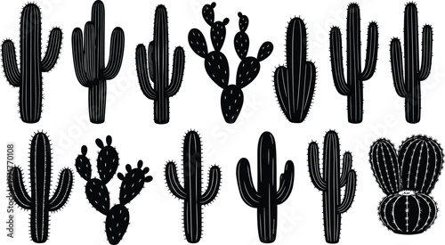Black Cactus Silhouettes Set Featuring Saguaro Prickly Pear and Desert Plant Icons for Southwest Branding Nature Illustration Wild West Decor and Succulent Garden Graphics