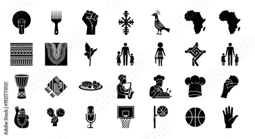 Collection of diverse cultural and symbolic icons representing Africa.