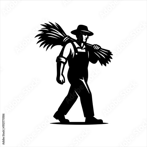 A farmer in overalls and a hat carries a bundle of wheat on his shoulder against a clean white background