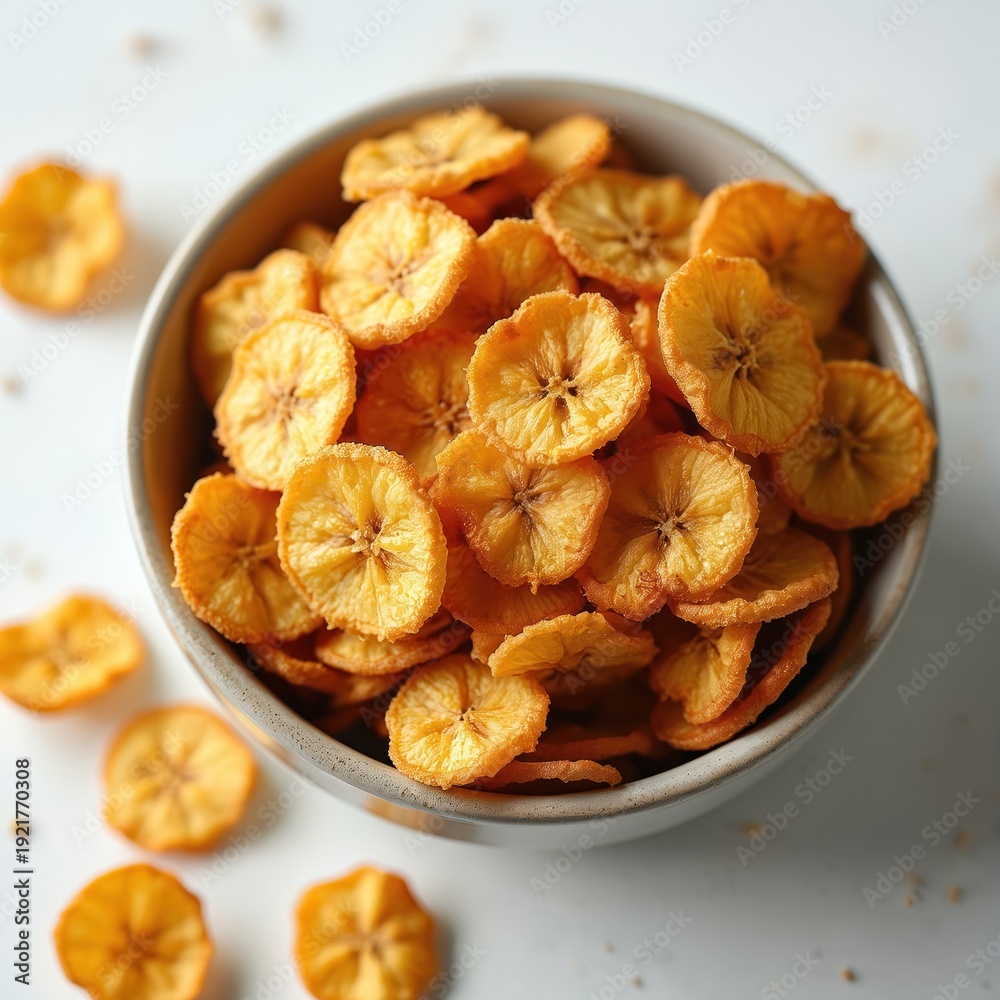 Fototapeta premium Bowl of dried banana chips on white table. Crispy fruit slices are sweet healthy snack. Perfect for recipes, food blogs, and healthy eating inspiration.