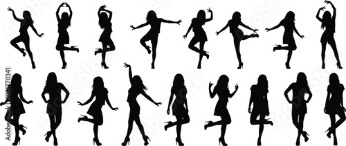 Black silhouette illustration of sixteen women in dynamic poses wearing dresses and high heels, showcasing fashion, dance, movement, body language, and expressive gestures