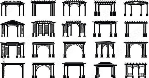 Pergola gazebo silhouette collection featuring garden pavilions and outdoor structures, classic and modern architectural designs isolated black vector illustration set