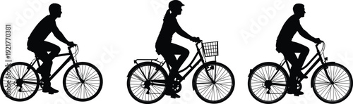 Black silhouette illustration of three cyclists riding bicycles, including male and female riders with helmet, basket, and rack, symbolizing diversity in cycling styles