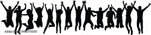 Group of happy people jumping together, energetic silhouette crowd celebrating success isolated on white background for teamwork concept