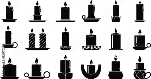 Black Candle Silhouette Vector Set Featuring Lit Pillar Wax and Taper Candles in Decorative Holders for Spa Relaxation Celebration and Memorial Graphic Design Projects