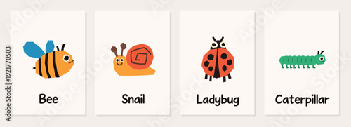 Insect poster with bee ladybug snail and beetle whimsical. Cute insect artwork for kids posters stickers and prints.