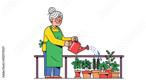 Elderly woman wearing an apron tending plants with a red watering can on balcony