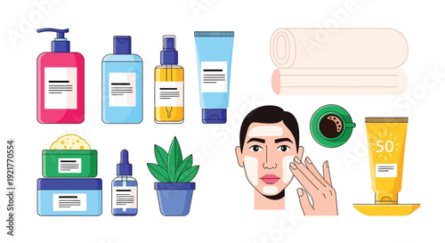Skincare graphic illustration featuring various beauty products and a woman with skincare cream