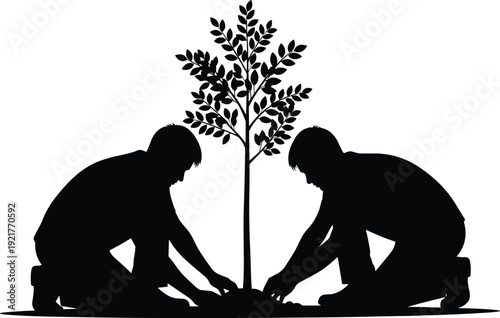 Black silhouette illustration of two people planting young tree, teamwork, environmental care, sustainability, nature conservation, growth, ecology, community involvement vector design