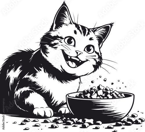 Heavy stroke cartoon illustration of a happy cat eating kibble scattered near bowl, minimal shapes, high contrast monochrome 1