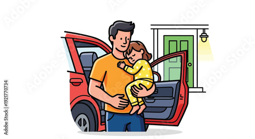 Father embracing daughter warmly after arriving home in a red car