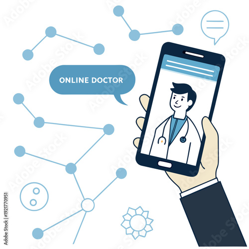 Hand holding smartphone with online doctor consultation app and network connection illustration
