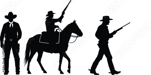 Black cowboy silhouettes featuring a man riding a horse and standing with rifles isolated on white background for western themed adventure and frontier designs