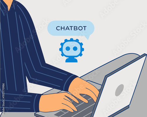 Person using a laptop interacting with a chatbot illustration on screen
