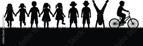 Happy Children Silhouettes Playing Together, Kids Holding Hands Riding Bicycle and Handstand on Grass Isolated on White Background