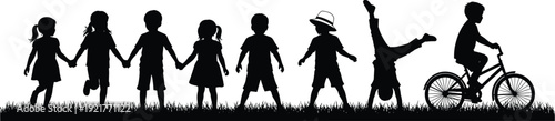 Happy Children Silhouettes Playing Together, Kids Holding Hands Cycling and Handstand on Grass Isolated on White Background