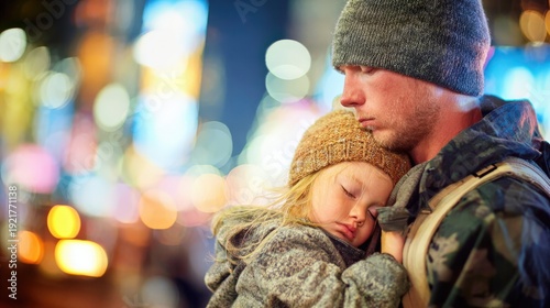 Weary father holds sleeping young child close against a brightly lit urban background at night
