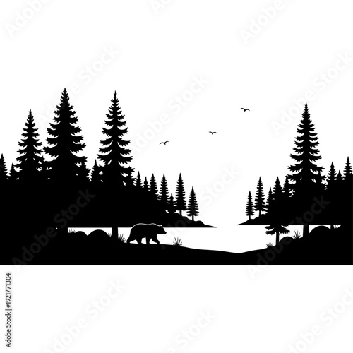 Deer Forest Silhouette Landscape Black and White Nature Scene