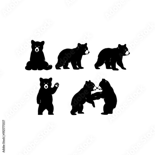 Bear Silhouette Collection, Black Bear Cub and Adult Wildlife Icons Set, Forest Animal Vector Illustration