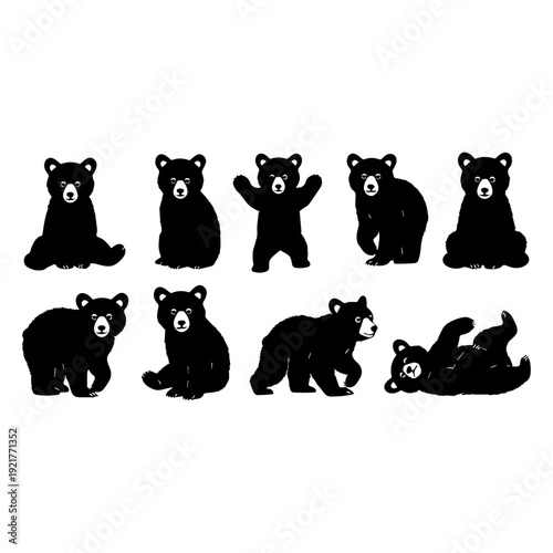 Cute Bear Cub Silhouette Set, Cartoon Black Bear Baby Poses Collection, Wildlife Vector Illustration