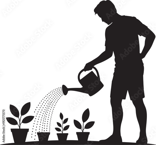 Man, Watering Plants Icon – Gardening Care Silhouette Vector