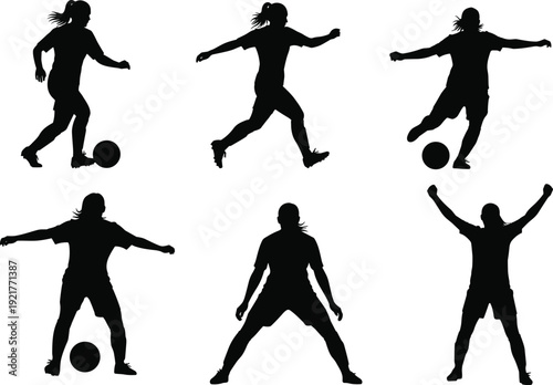 PrintBlack Female Soccer Player Silhouette Vector Set Featuring Women Athletes Dribbling Kicking and Celebrating Action Poses for Sports Competition and Fitness Graphic Design
