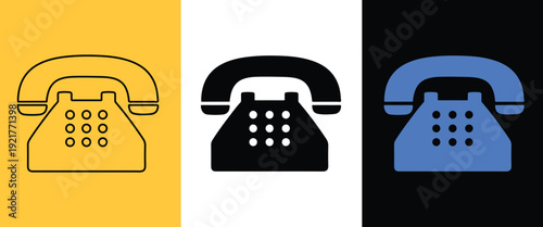 Three retro rotary telephones in yellow black and blue on contrasting backgrounds dial communication