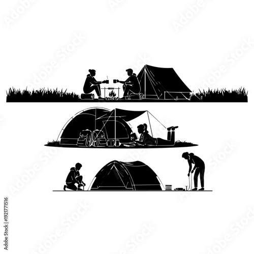 Camping Setup Silhouettes with Tent Pitching and Outdoor Adventure Scenes