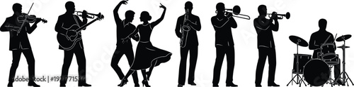Mega collection of black silhouettes of professional jazz musicians playing instruments and a couple dancing isolated on white background for live music event designs
