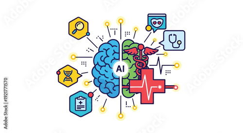 Artificial intelligence in healthcare and medical technology innovation illustration design concept with brain