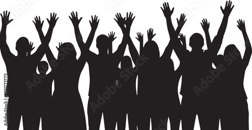 People silhouette group with raised hands on transparent background vector illustration line art
