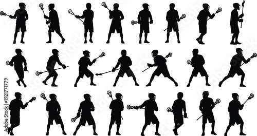 Lacrosse Player Silhouettes Collection, Athlete Action Poses with Stick and Helmet Isolated on White Background Vector Set