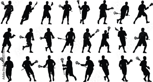 Lacrosse Player Silhouettes Collection, Dynamic Men Athletes Running Passing and Shooting Isolated on White Background Sports Set