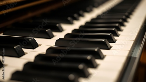 Close-up of piano keys in black and white pattern, elegant musical instrument detail. lifestyle magazines, social media lookbooks, designed for influencer and brand collaborations.