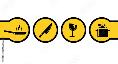 Kitchen safety icons set with frying pan knife glass and boiling pot
