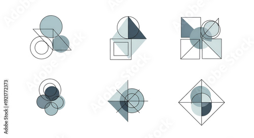 Geometric abstract compositions with circles and squares in muted tones