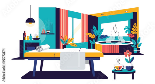 Serene spa room with massage table and hot tub for relaxation